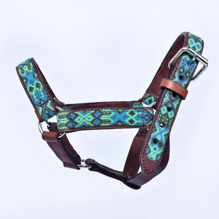 Cabezal para caballo bordado con chaquira (Poni) - verde oscuro, verde claro y azul MODELO #030332-DGLGB
