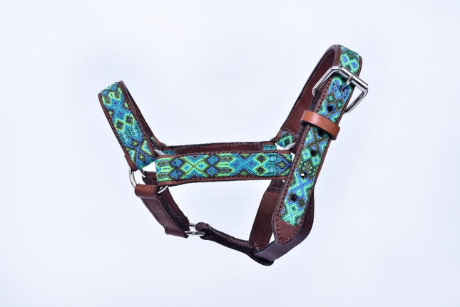 Cabezal para caballo bordado con chaquira (Poni) - verde oscuro, verde claro y azul MODELO #030332-DGLGB