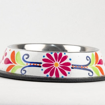 Plato de acero inoxidable para mascota pintado a mano - floreado rosa y blanco MODELO #030406