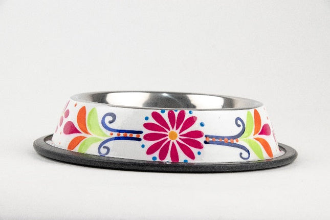 Plato de acero inoxidable para mascota pintado a mano - floreado rosa y blanco MODELO #030406
