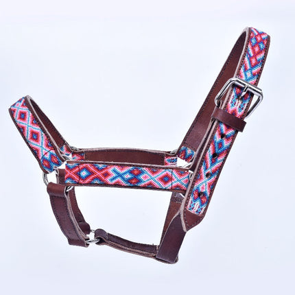 Cabezal para caballo bordado con chaquira (Charrería y caballos de escaramuza) - rosa, azul claro y blanco MODELO #030336-PLBWH