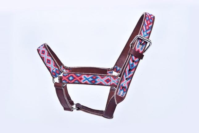 Cabezal para caballo bordado con chaquira (Charrería y caballos de escaramuza) - rosa, azul claro y blanco MODELO #030336-PLBWH