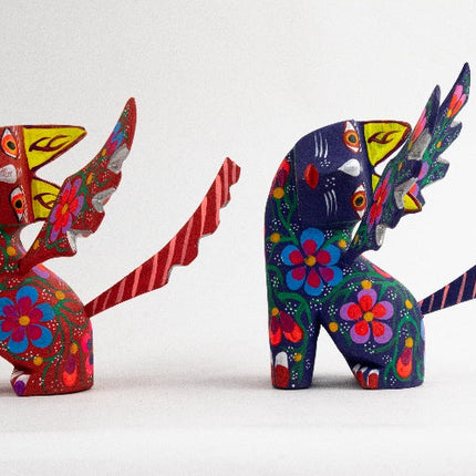 Set de gatos alados alebrije en madera de pino MODELO #090306