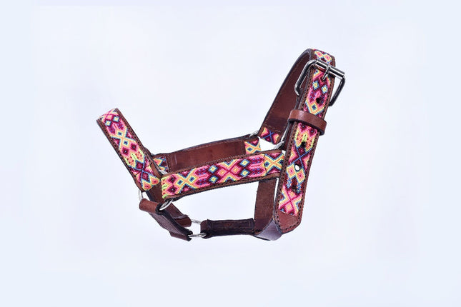 Cabezal para caballo bordado con chaquira (Poni) - rosa, amarillo y vino MODELO #030332-PYW