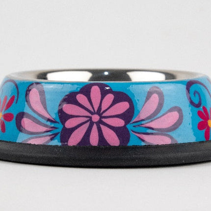 Plato de acero inoxidable para mascota pintado a mano - azul y rosa MODELO #030401