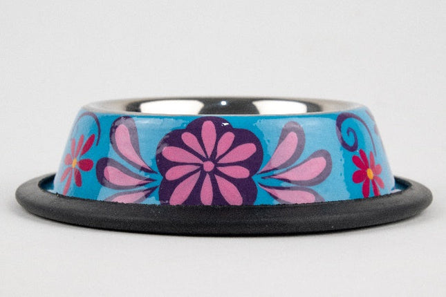 Plato de acero inoxidable para mascota pintado a mano - azul y rosa MODELO #030401