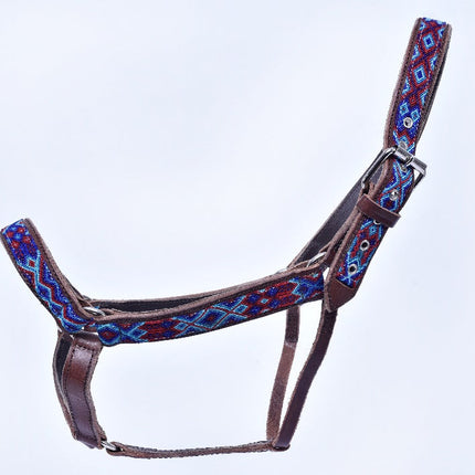 Cabezal para caballo bordado con chaquira (General) - azul marino, azul claro y rojo MODELO #030342-NLBR