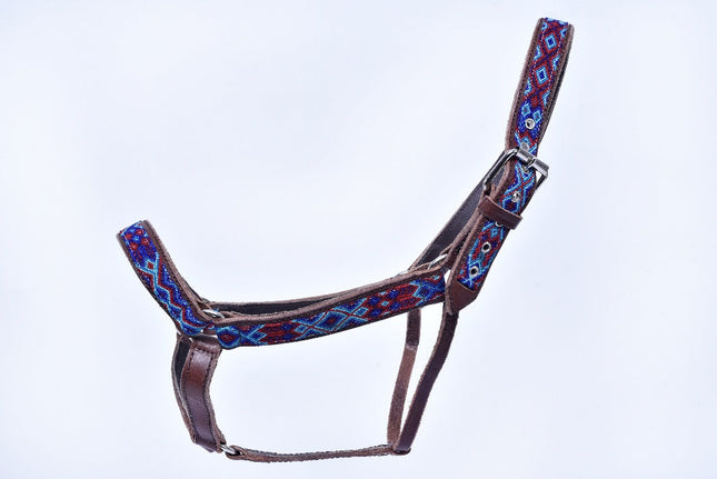 Cabezal para caballo bordado con chaquira (General) - azul marino, azul claro y rojo MODELO #030342-NLBR