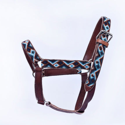 Cabezal para caballo bordado con chaquira (Frisón y Percherón) - azul claro, azul marino y café MODELO #030340-LBNB