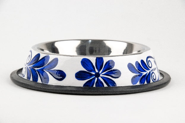 Plato de acero inoxidable para mascota pintado a mano - blanco y azul MODELO #030405