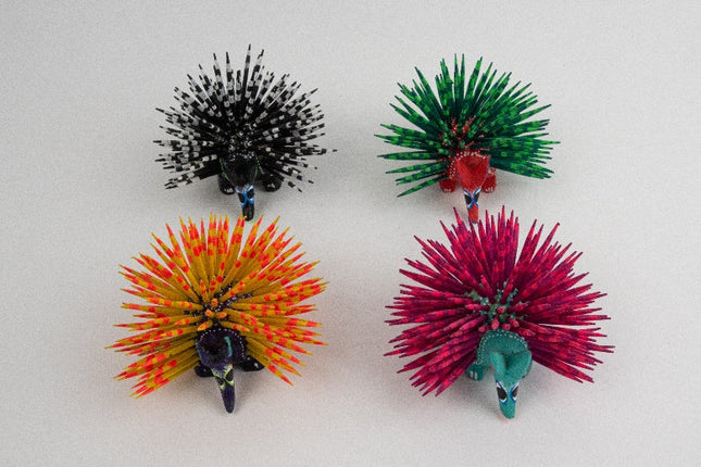 Set de 4 alebrijes de erizo en madera de pino MODELO #090304