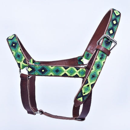 Cabezal para caballo bordado con chaquira (Frisón y Percherón) - verde oscuro, limón y azul marino MODELO #030340-DGLN