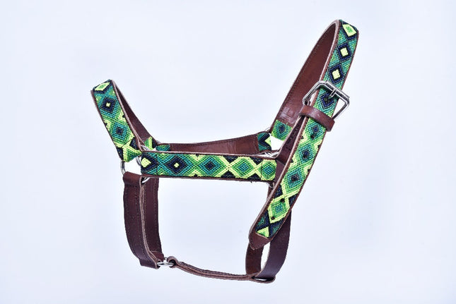 Cabezal para caballo bordado con chaquira (Frisón y Percherón) - verde oscuro, limón y azul marino MODELO #030340-DGLN