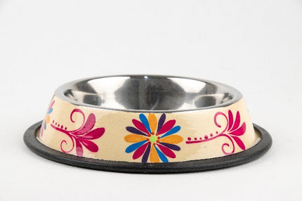 Plato de acero inoxidable para mascota pintado a mano - floreado rosa y beige MODELO #030410