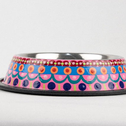 Plato de acero inoxidable para mascota pintado a mano - rosa y morado MODELO #030407
