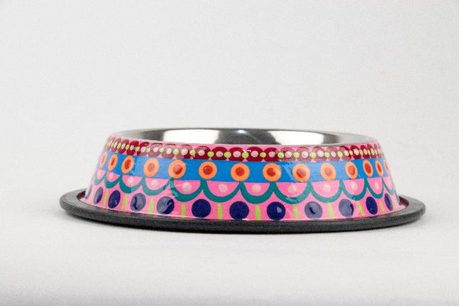 Plato de acero inoxidable para mascota pintado a mano - rosa y morado MODELO #030407