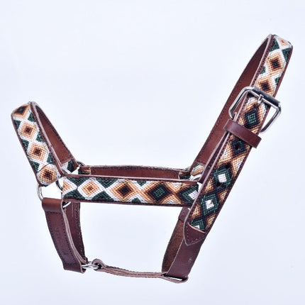 Cabezal para caballo bordado con chaquira (Charrería y caballos de escaramuza) - verde, camel y blanco MODELO #030336-GCWH