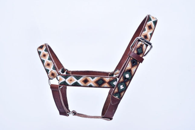 Cabezal para caballo bordado con chaquira (Charrería y caballos de escaramuza) - verde, camel y blanco MODELO #030336-GCWH