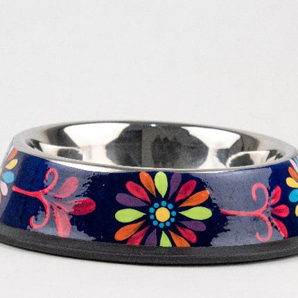 Plato de acero inoxidable para mascota pintado a mano - floreado azul MODELO #030411