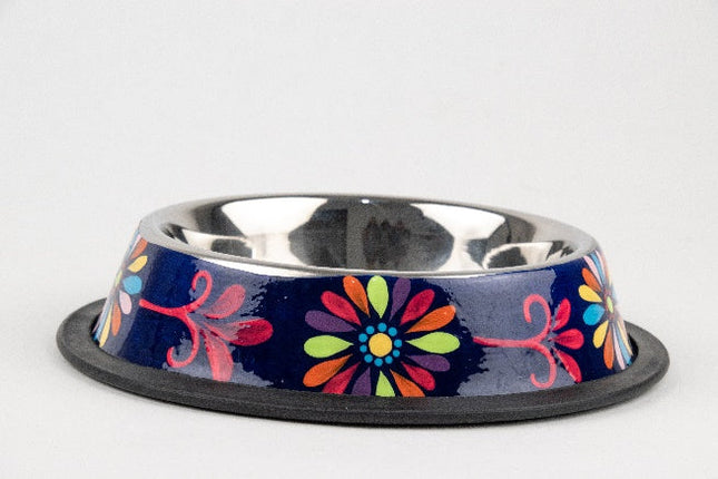 Plato de acero inoxidable para mascota pintado a mano - floreado azul MODELO #030411