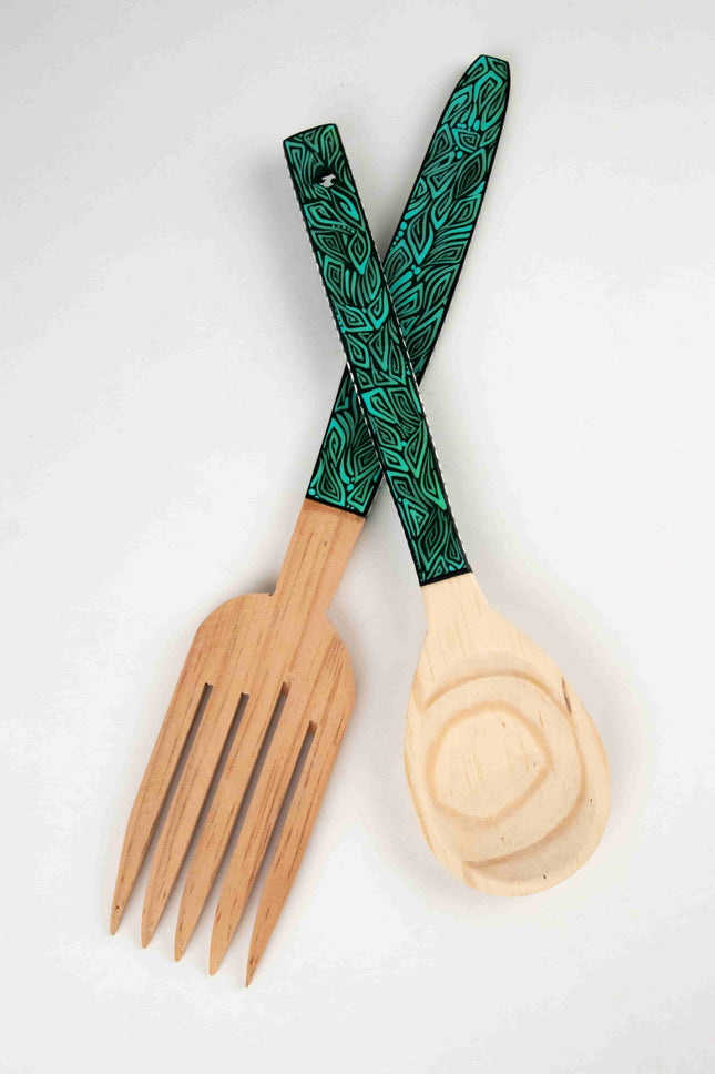 Cucharón y tenedor de madera estilo Alebrije